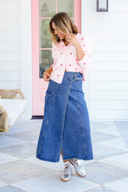 Veveret Medium Wash Wrap Midi Skirt with Cargo Pocket