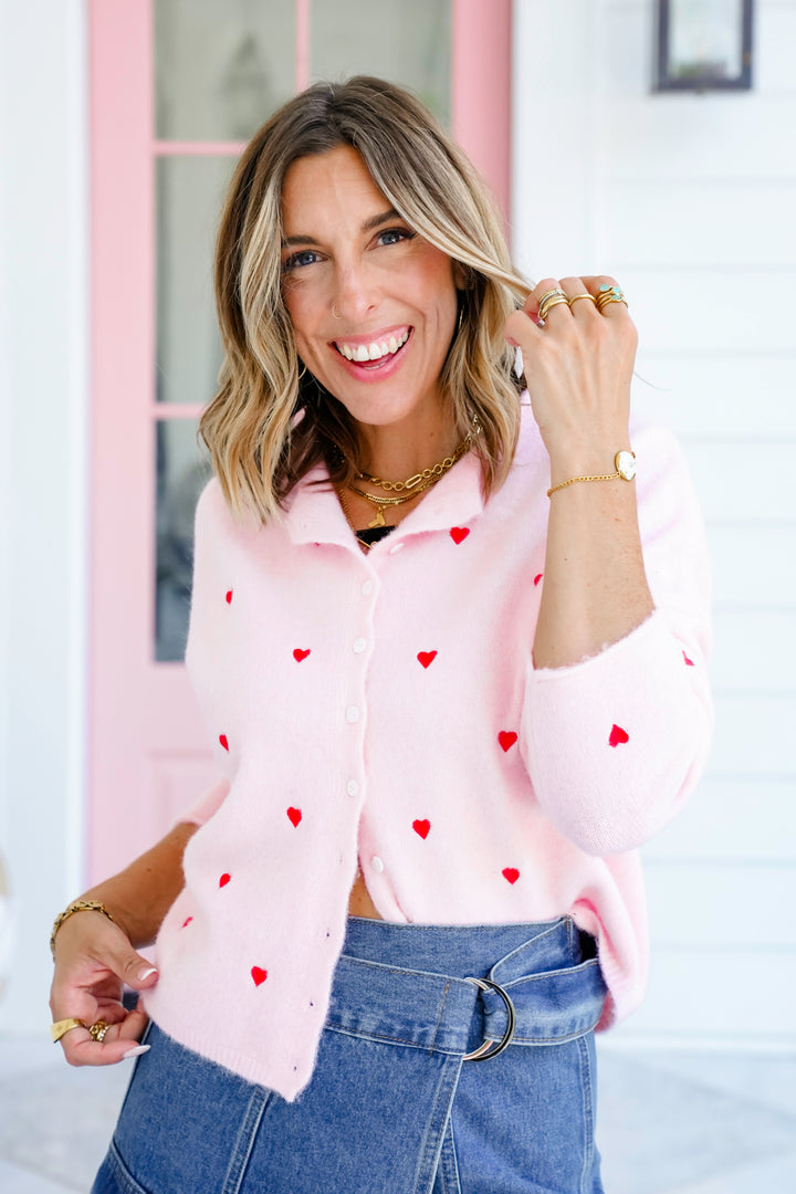 Embroidered Hearts Long Sleeve Button Down Cardigan