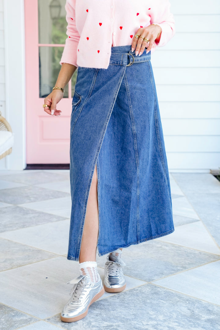 Veveret Medium Wash Wrap Midi Skirt with Cargo Pocket