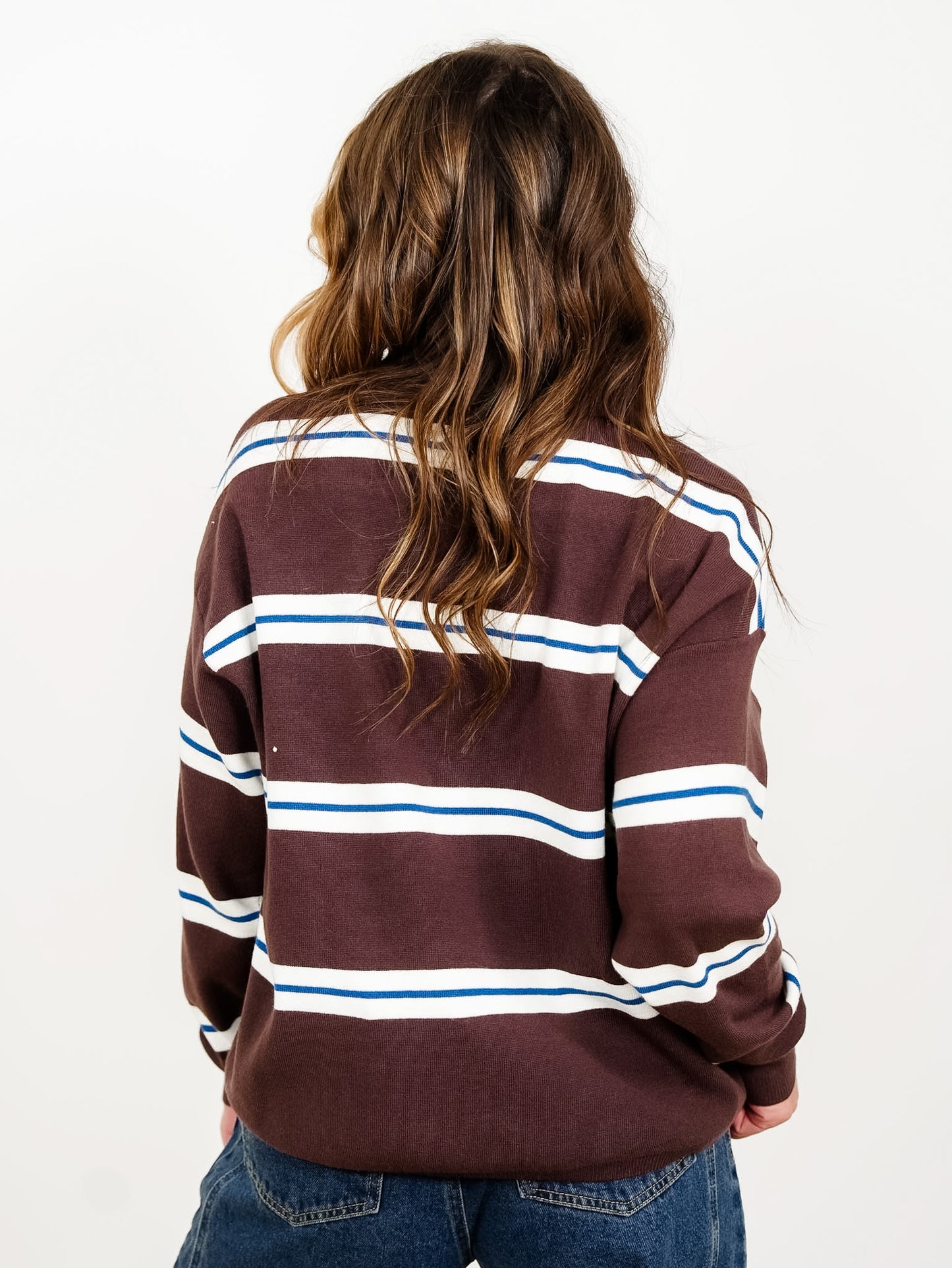 Chocolate Stripe Long Sleeve Collared Sweater
