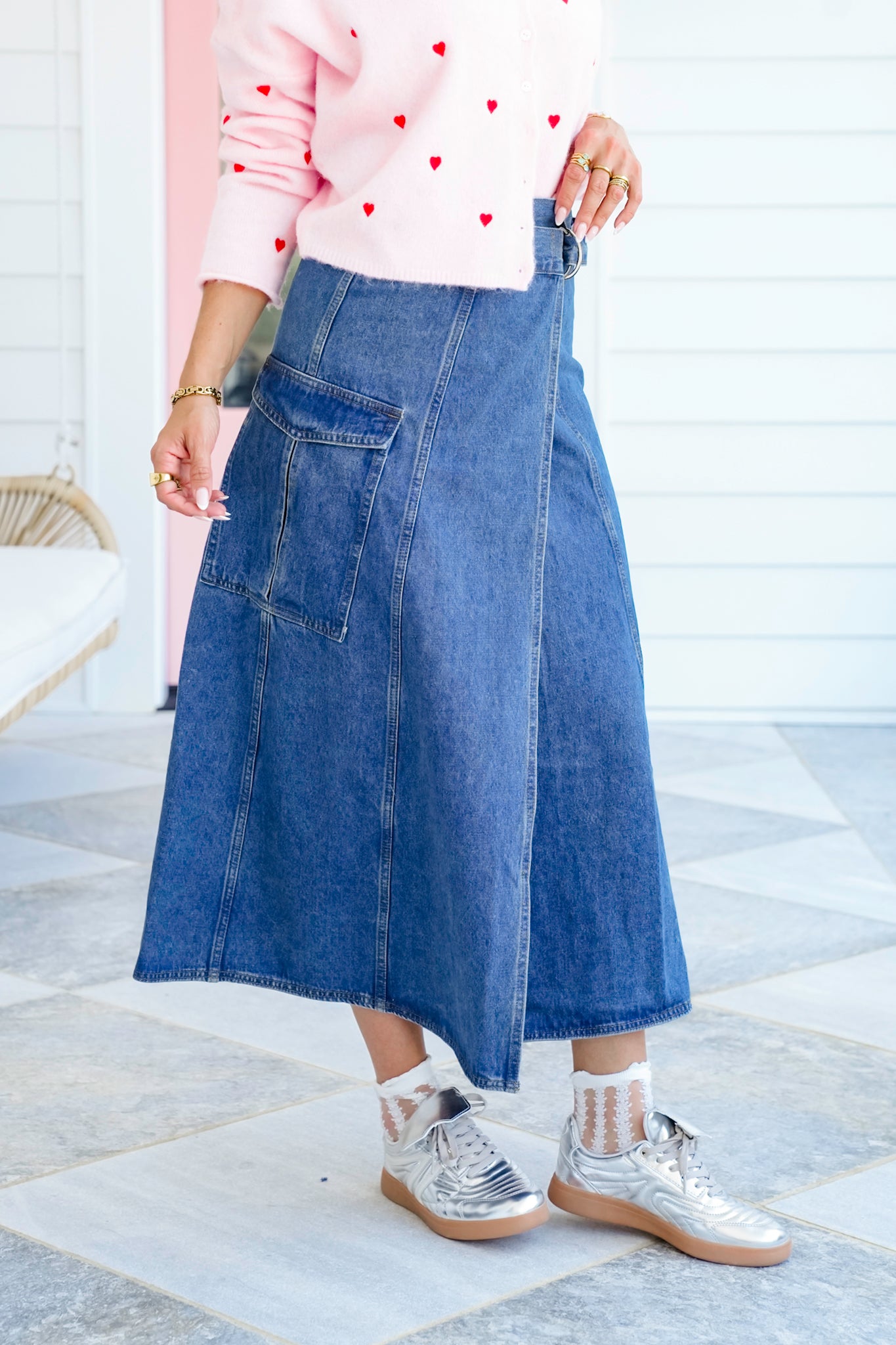 Veveret Medium Wash Wrap Midi Skirt with Cargo Pocket