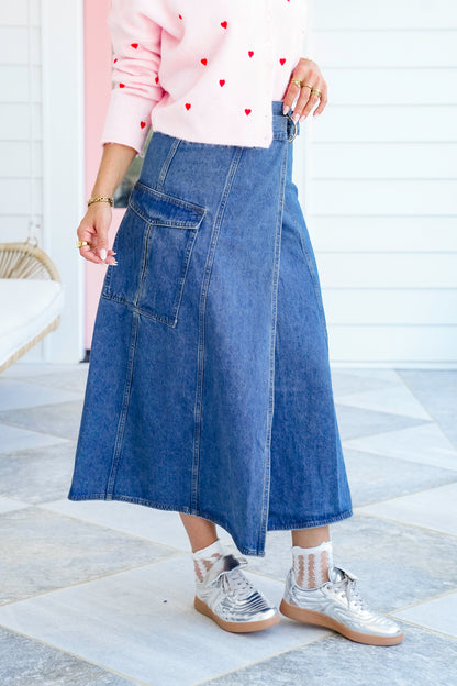 Veveret Medium Wash Wrap Midi Skirt with Cargo Pocket