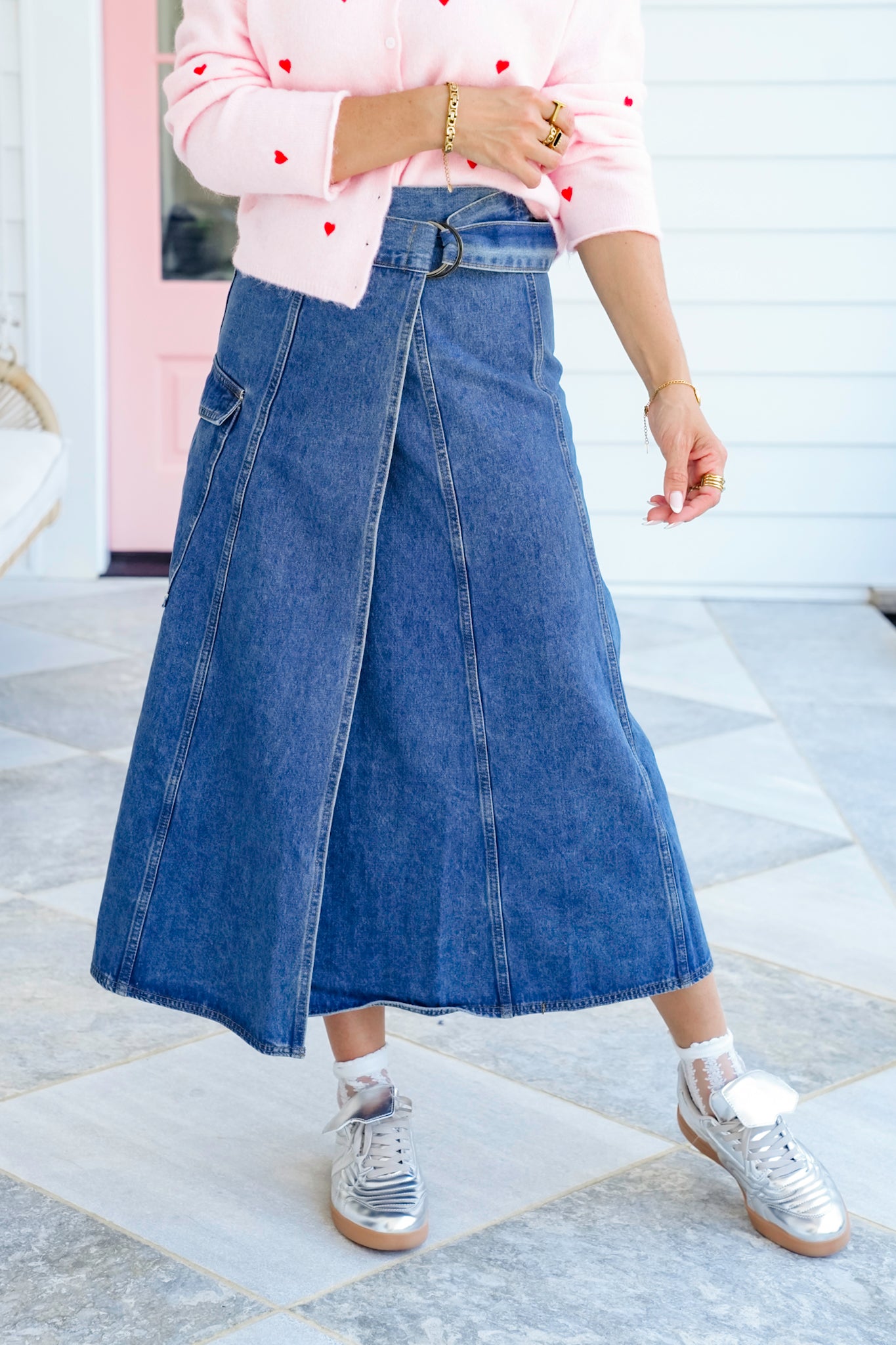 Veveret Medium Wash Wrap Midi Skirt with Cargo Pocket