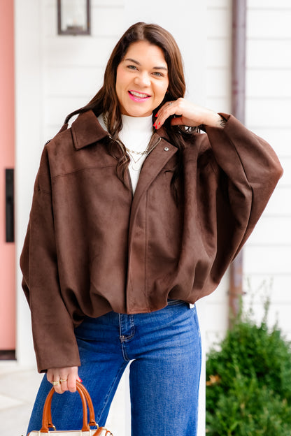 Vegan Suede Long Sleeve Balloon Hem Jacket
