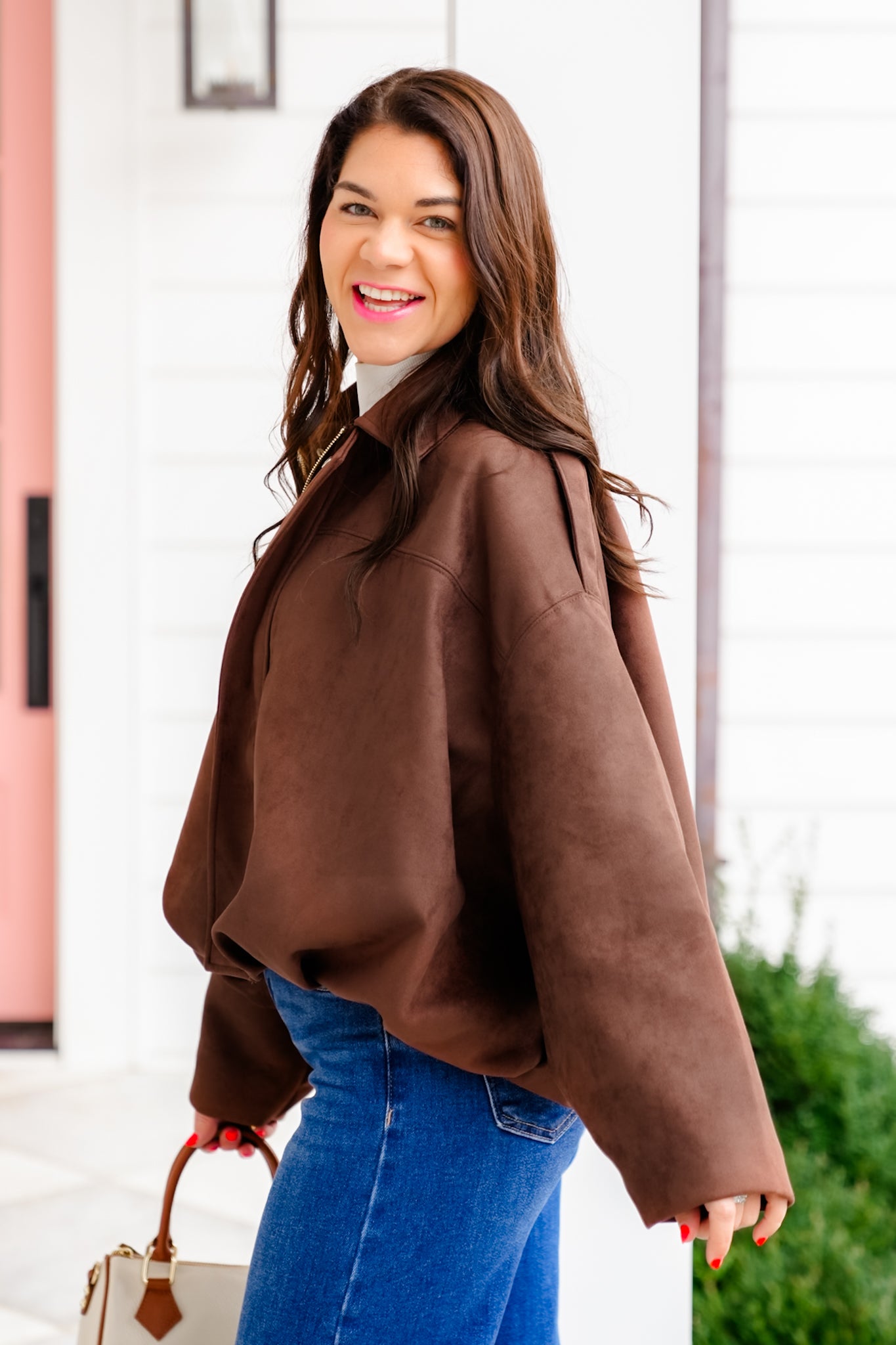 Vegan Suede Long Sleeve Balloon Hem Jacket