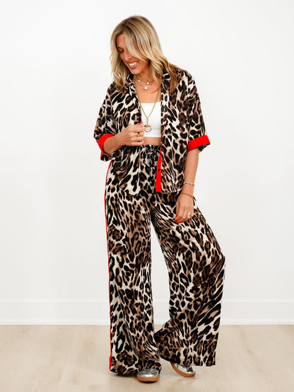 Leopard Print 3/4 Sleeve Button Down Top with Red Trim