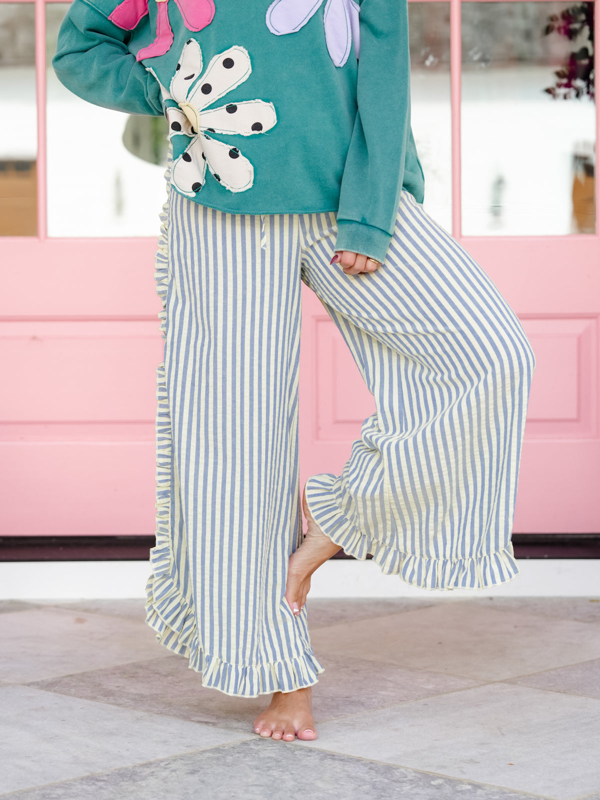 Stripe Elastic Waist Pants with Ruffle Trim - Freckled Poppy