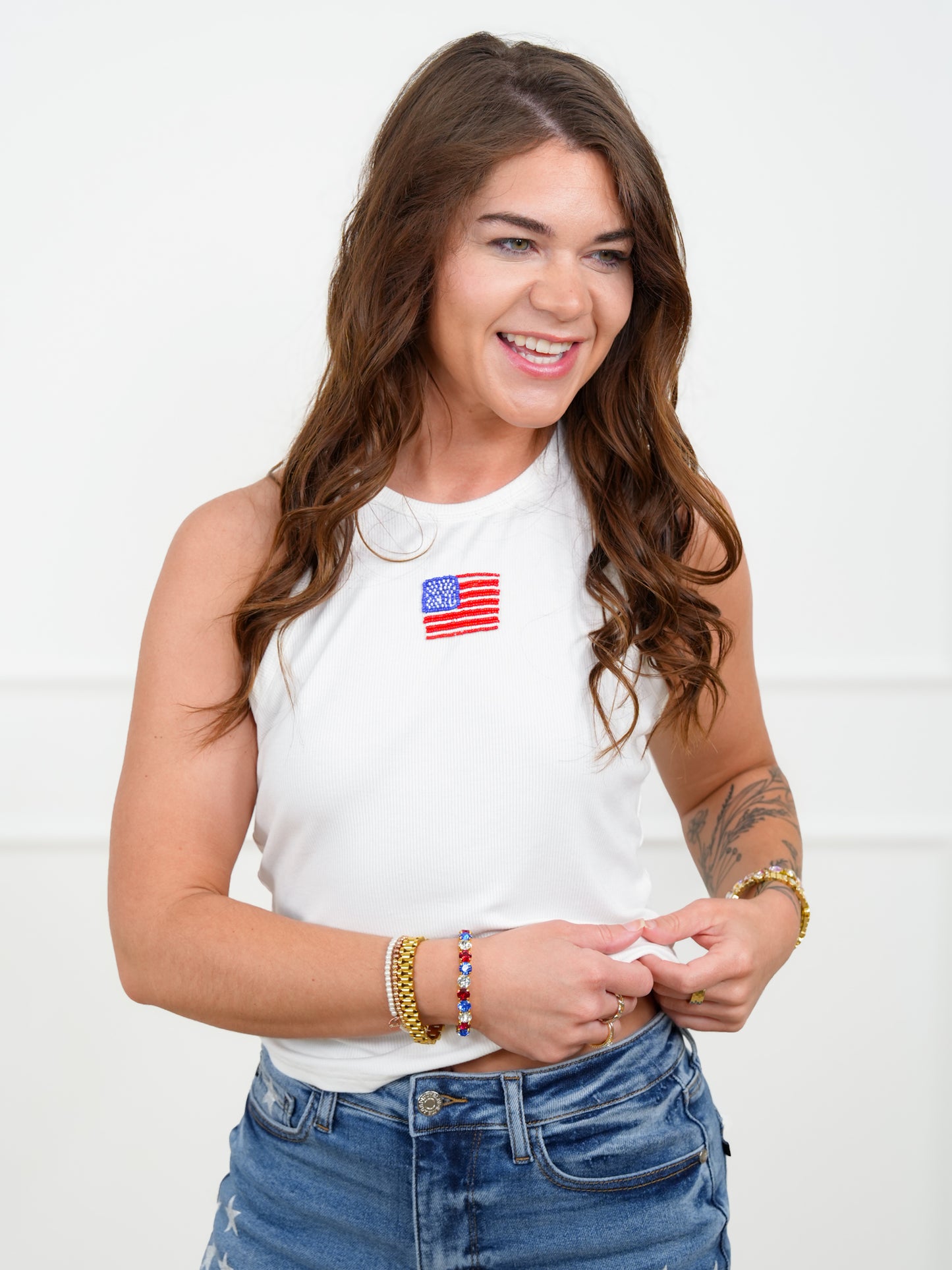 Ribbed Knit Tank Top with Beaded American Flag
