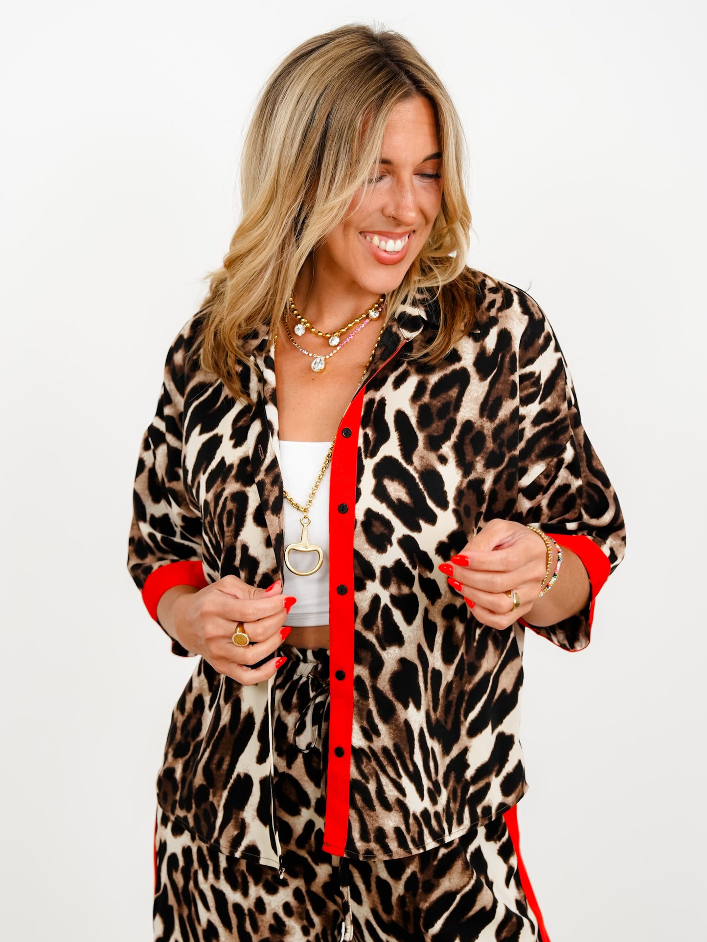 Leopard Print 3/4 Sleeve Button Down Top with Red Trim