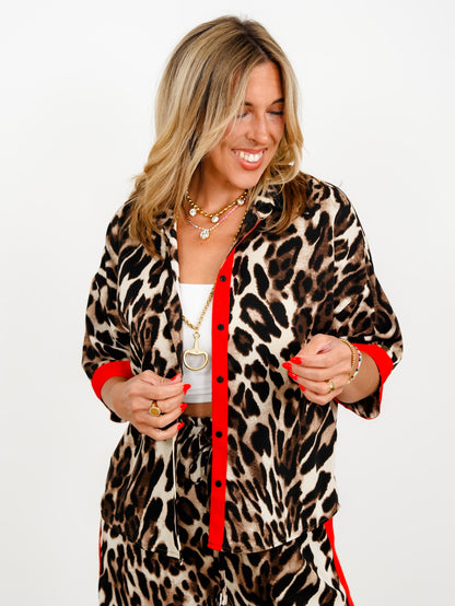 Leopard Print 3/4 Sleeve Button Down Top with Red Trim