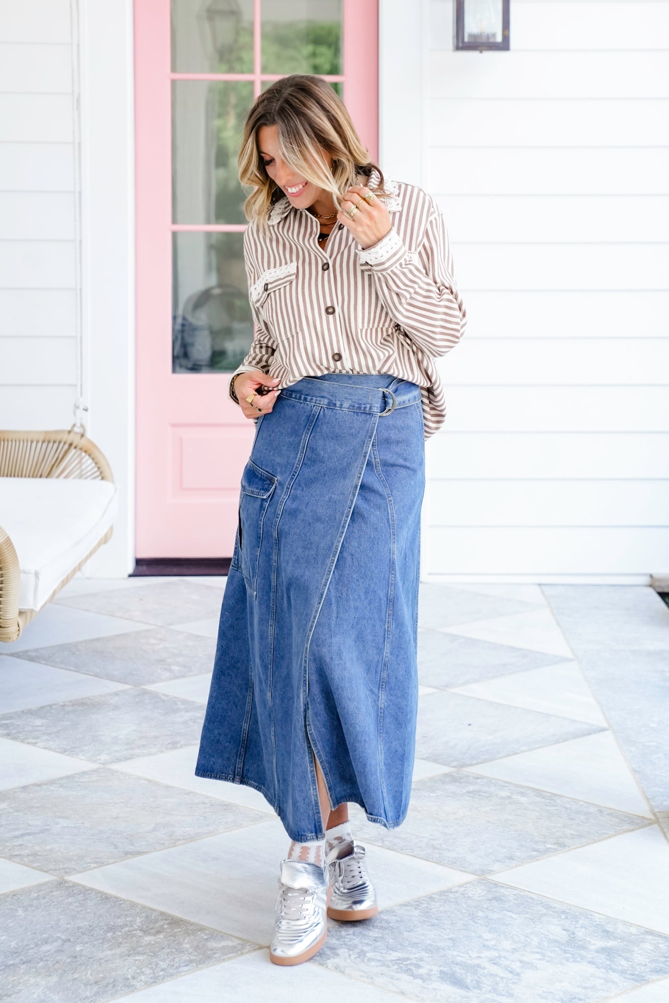 Striped Long Sleeve Button Down Shacket With Lace Detail
