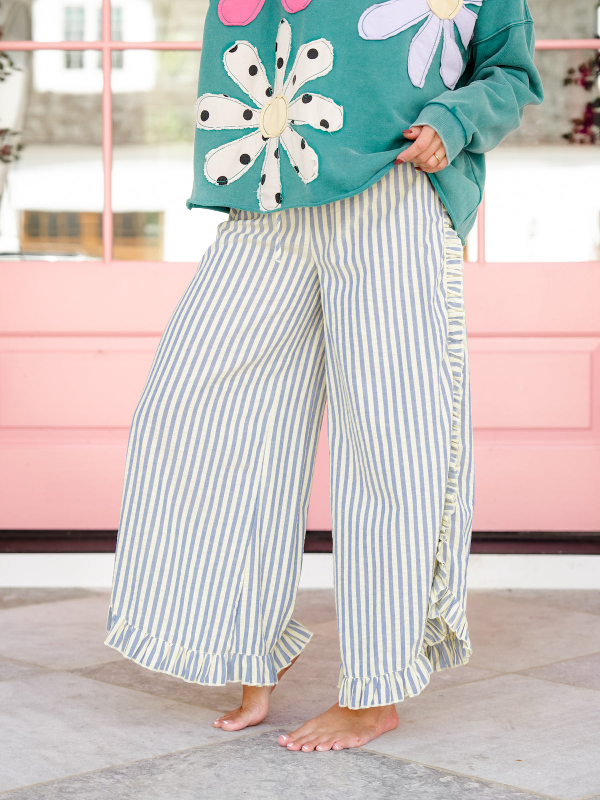 Stripe Elastic Waist Pants with Ruffle Trim - Freckled Poppy