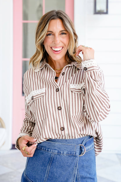 Striped Long Sleeve Button Down Shacket With Lace Detail