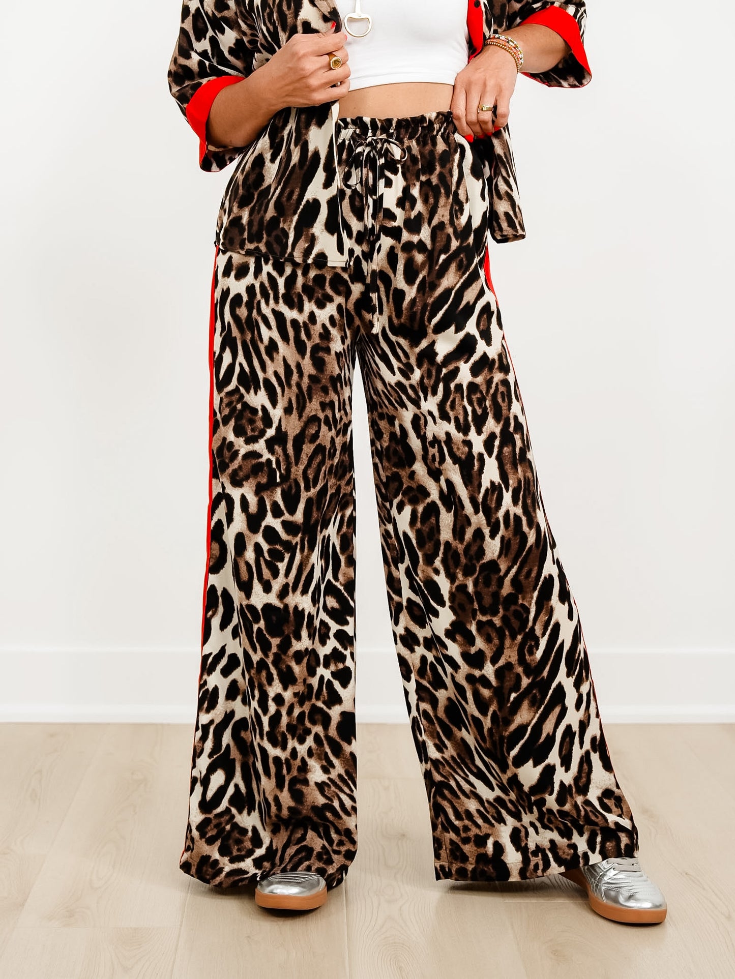 Leopard Print Elastic Waist Pants with Red Side Stripe