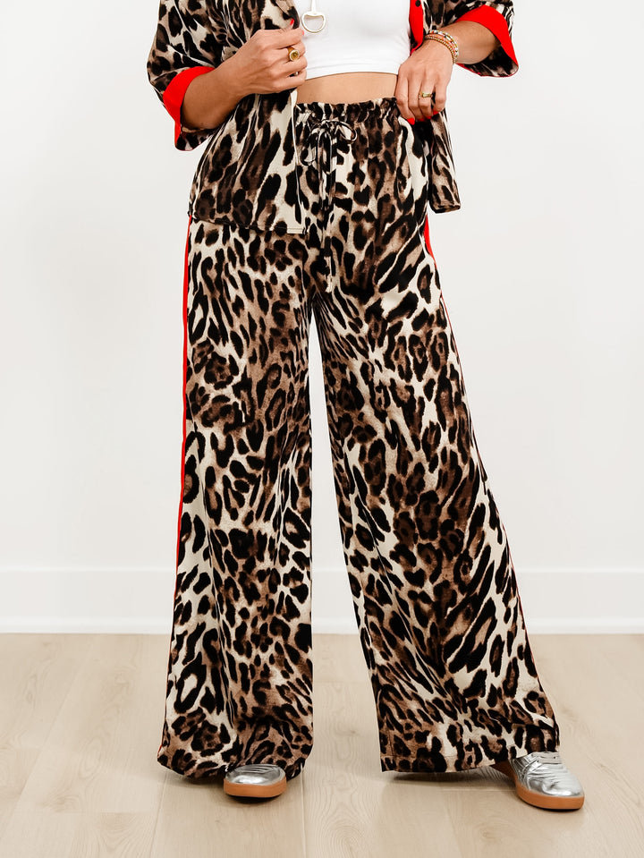 Leopard Print Elastic Waist Pants with Red Side Stripe