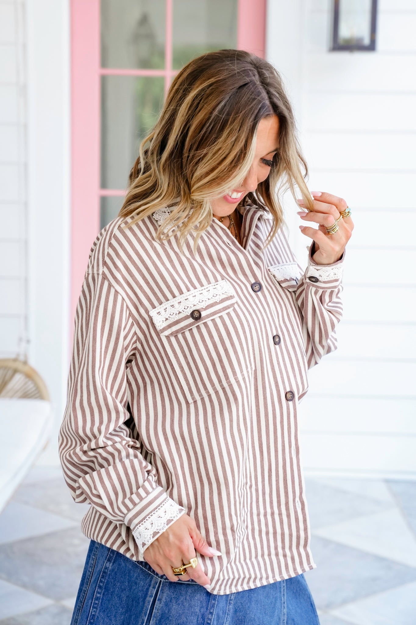 Striped Long Sleeve Button Down Shacket With Lace Detail