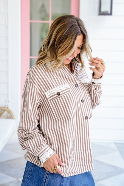 Striped Long Sleeve Button Down Shacket With Lace Detail