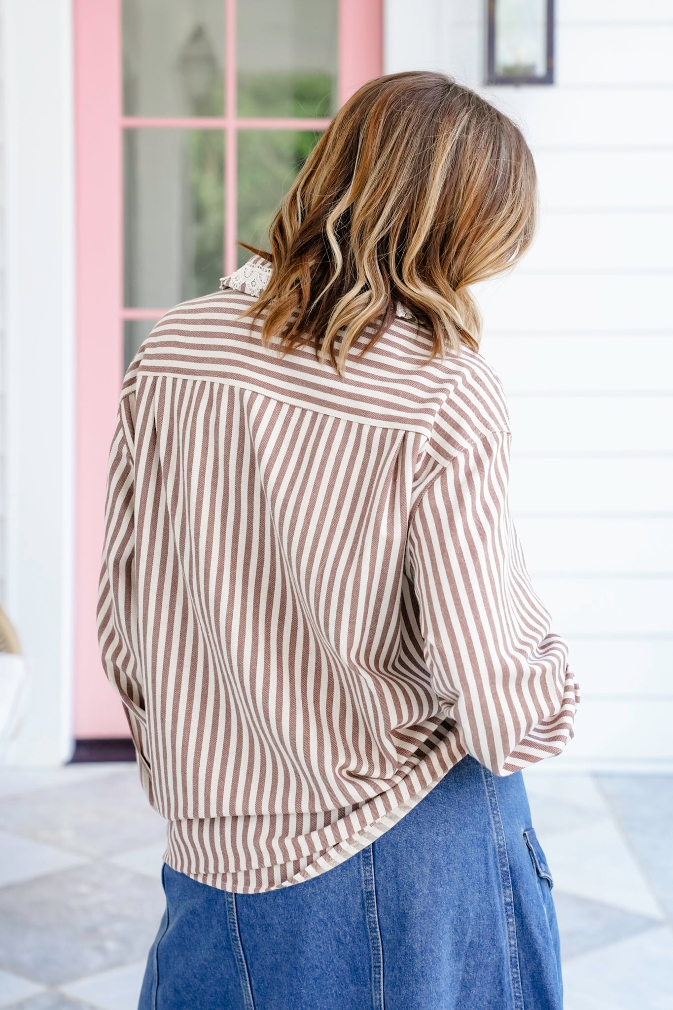 Striped Long Sleeve Button Down Shacket With Lace Detail
