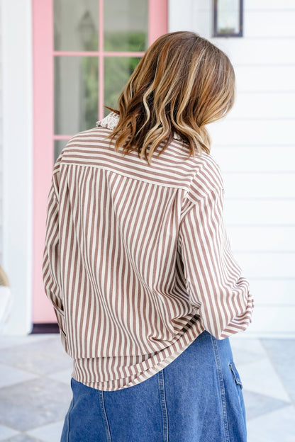Striped Long Sleeve Button Down Shacket With Lace Detail
