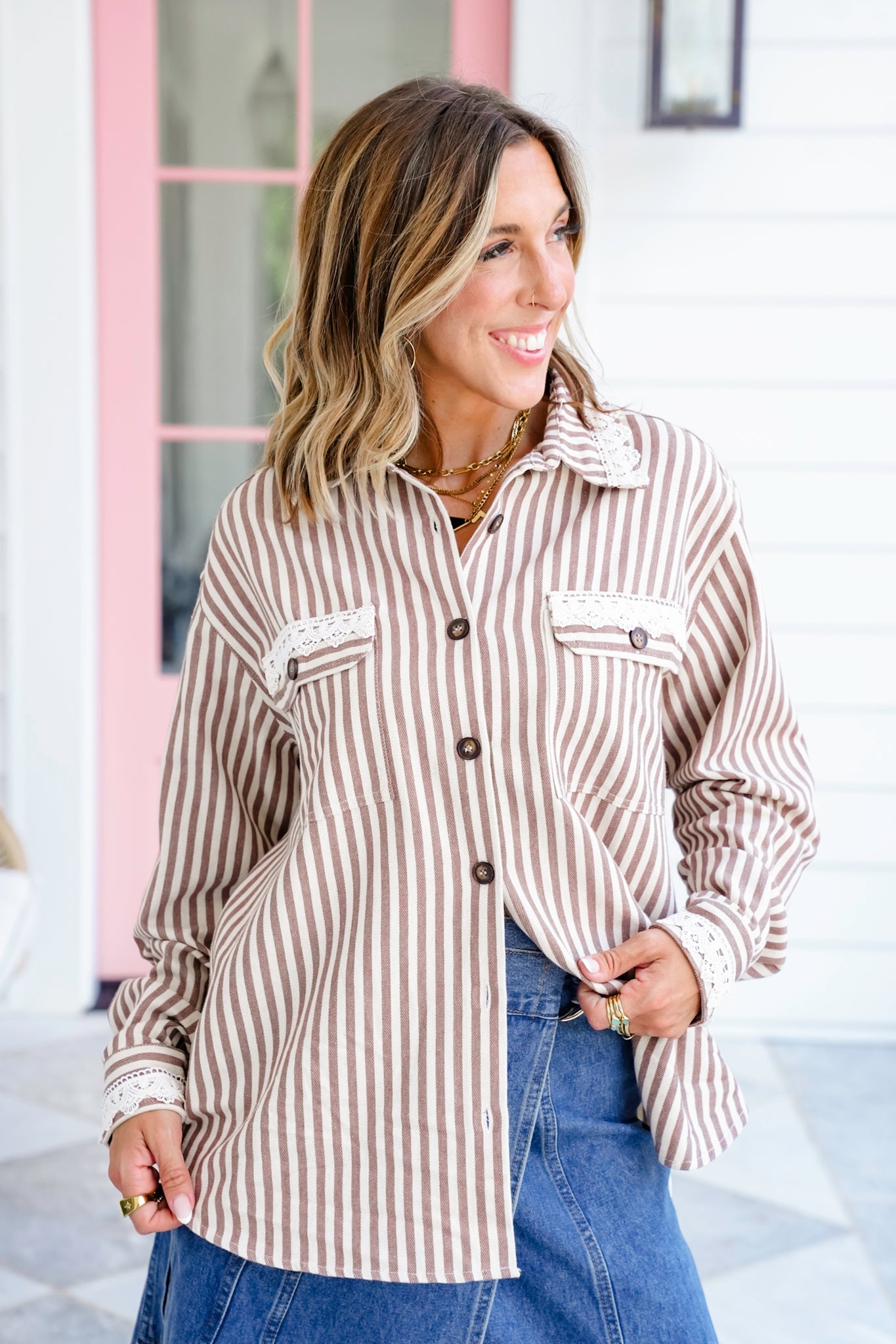 Striped Long Sleeve Button Down Shacket With Lace Detail