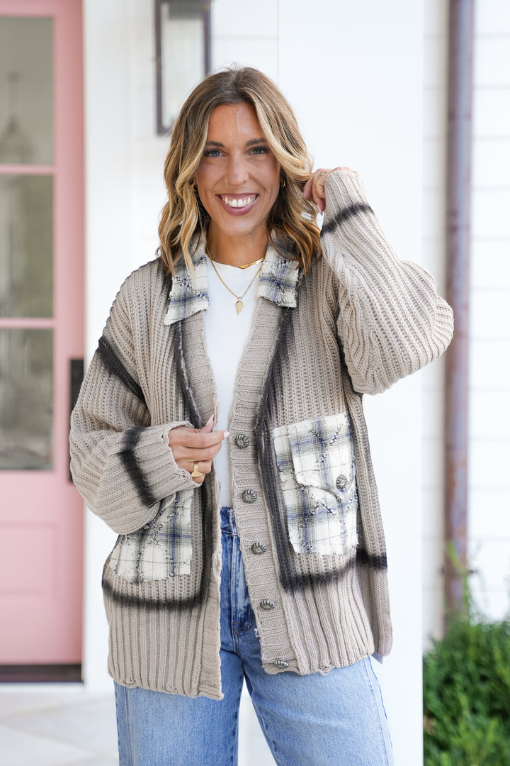POL Long Sleeve Button Up Cardigan with Plaid Pockets