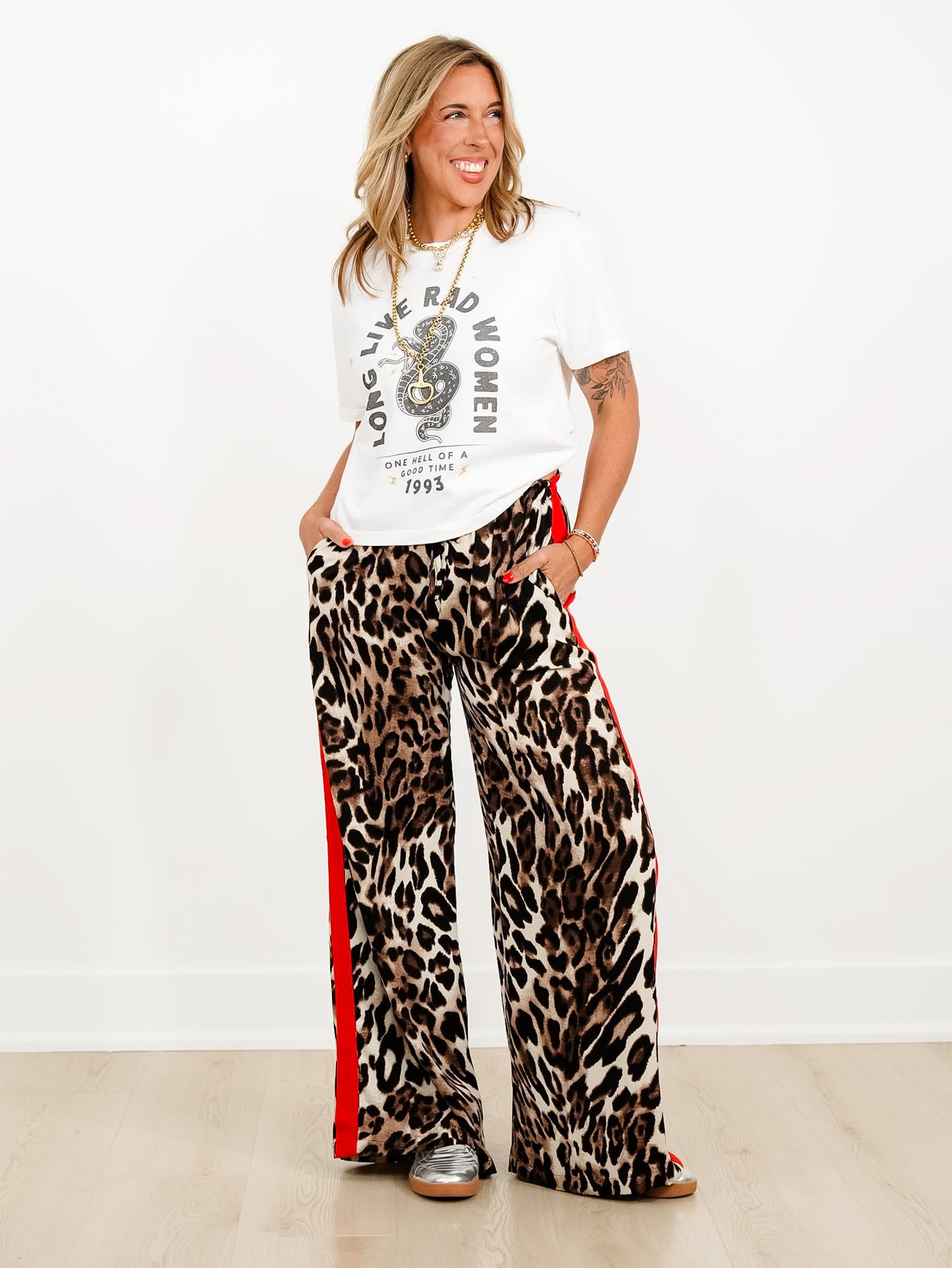 Leopard Print Elastic Waist Pants with Red Side Stripe