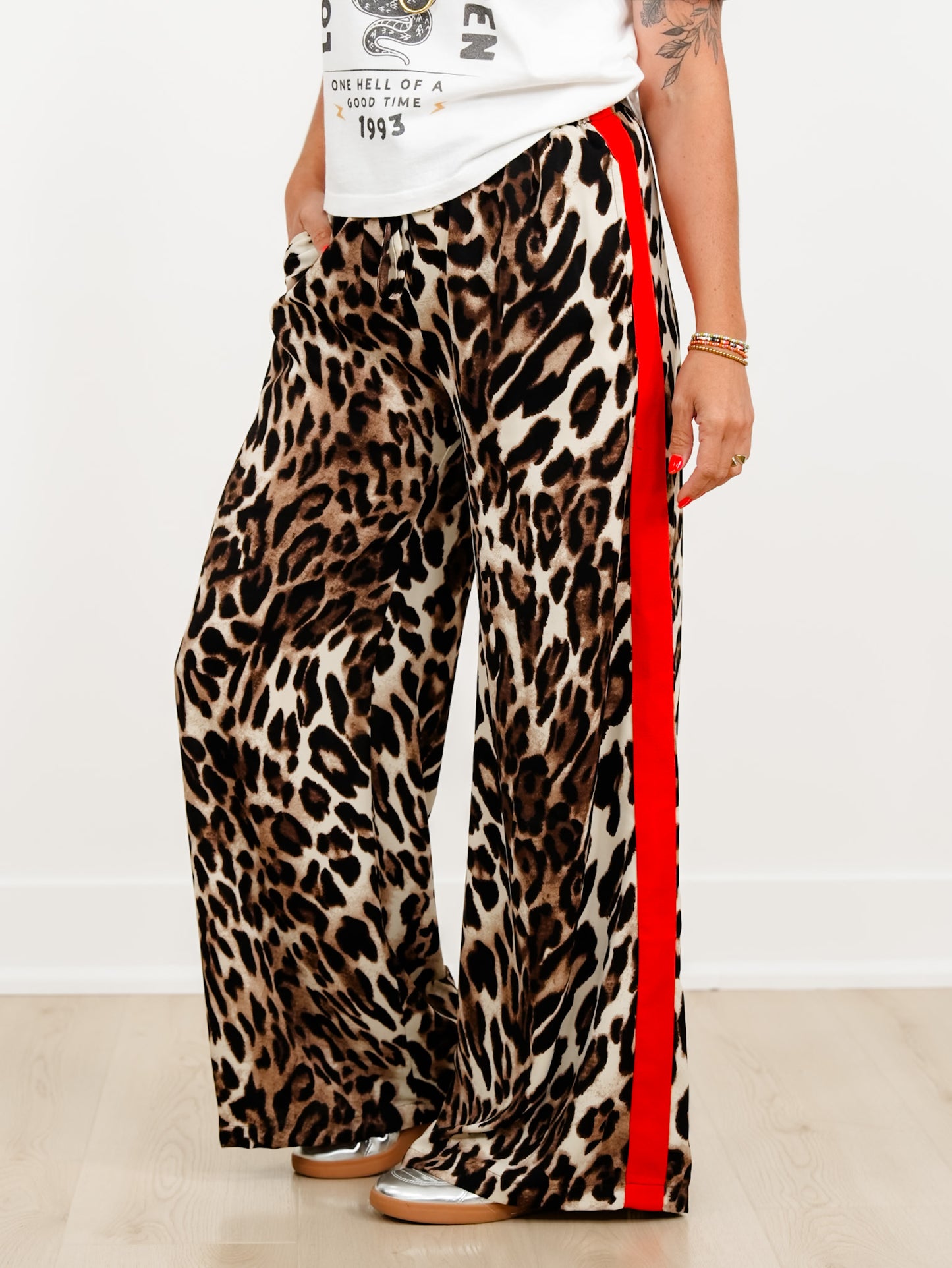 Leopard Print Elastic Waist Pants with Red Side Stripe