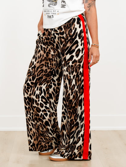 Leopard Print Elastic Waist Pants with Red Side Stripe