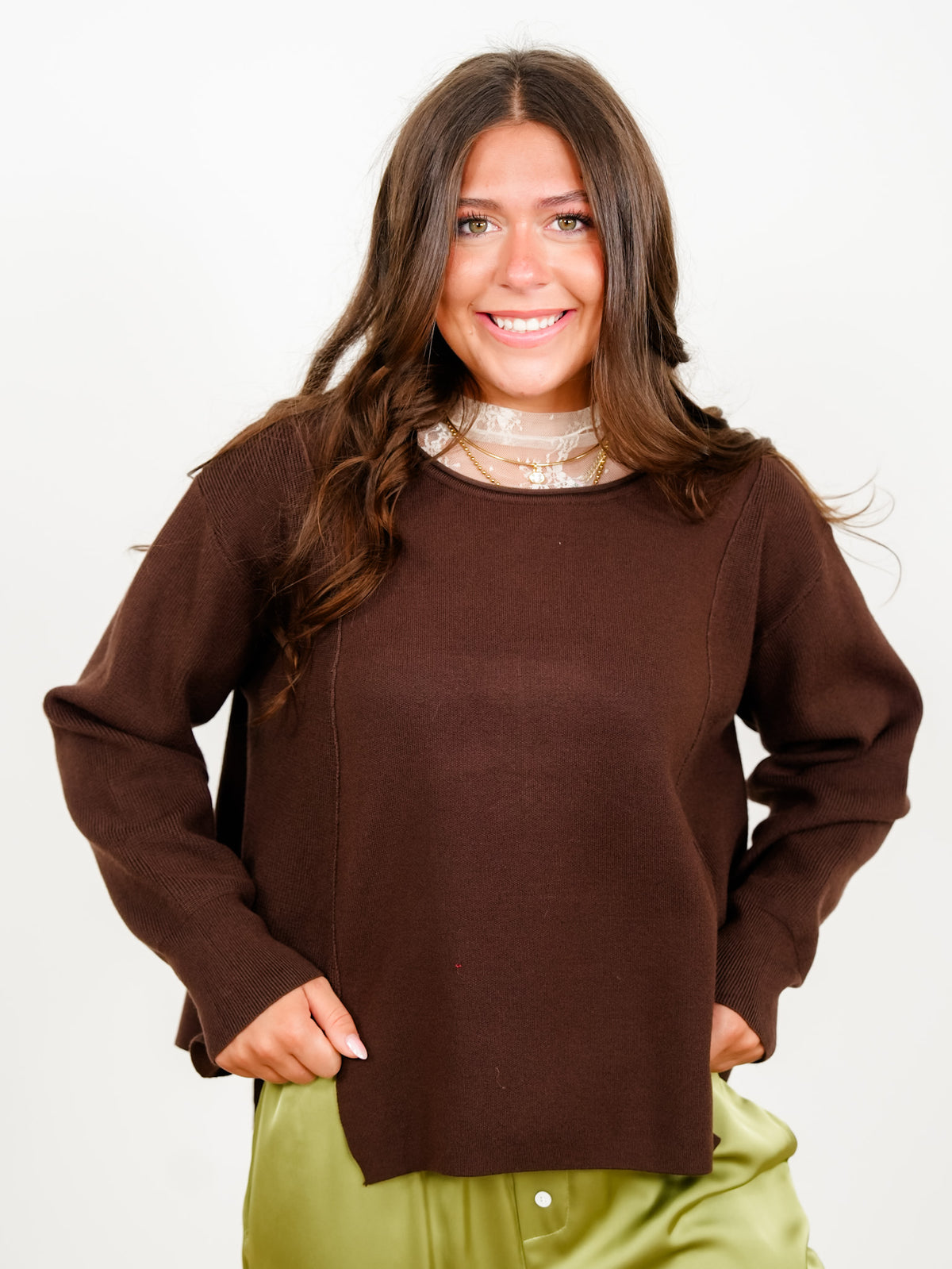 Solid Long Sleeve Boat Neck Knit Sweater - Freckled Poppy