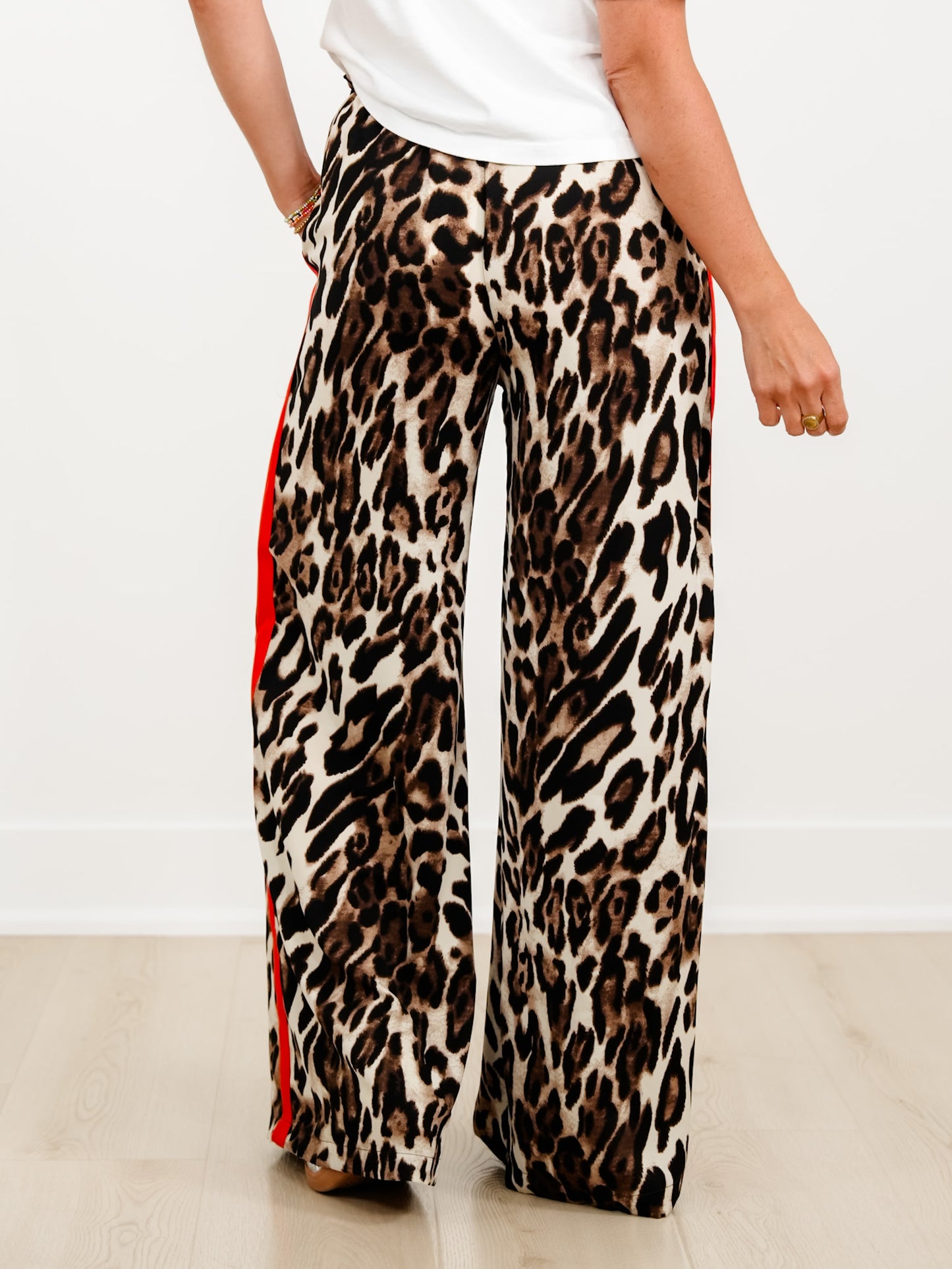 Leopard Print Elastic Waist Pants with Red Side Stripe