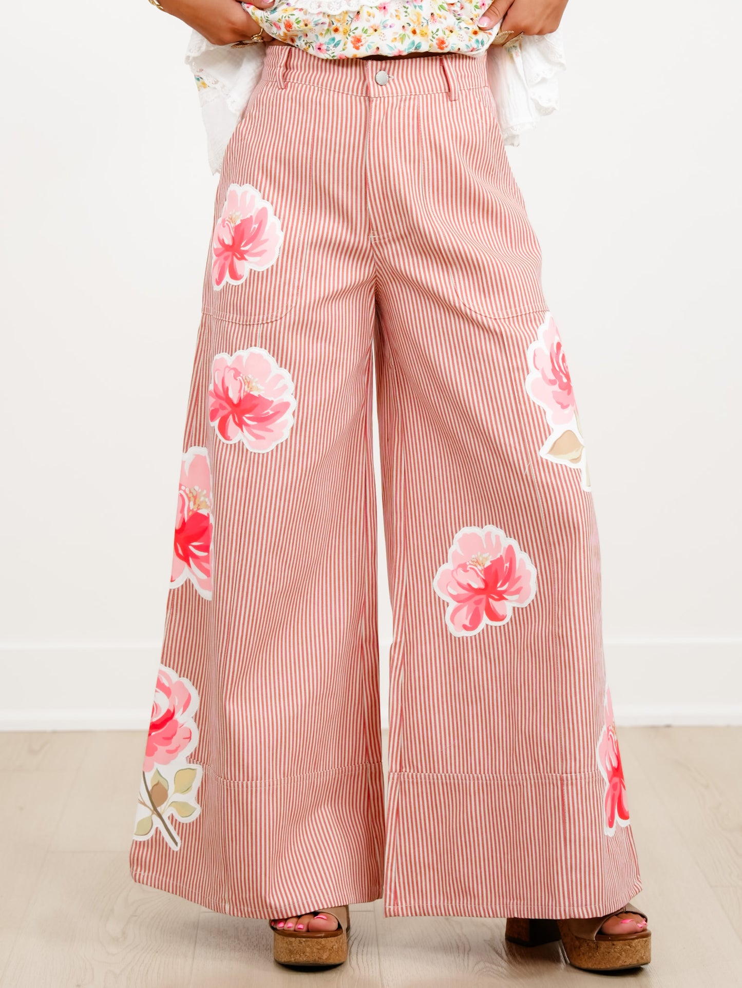 Plus/Reg Floral Stripe High Waist Wide Leg Pants