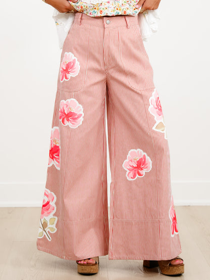 Plus/Reg Floral Stripe High Waist Wide Leg Pants
