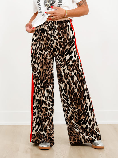 Leopard Print Elastic Waist Pants with Red Side Stripe