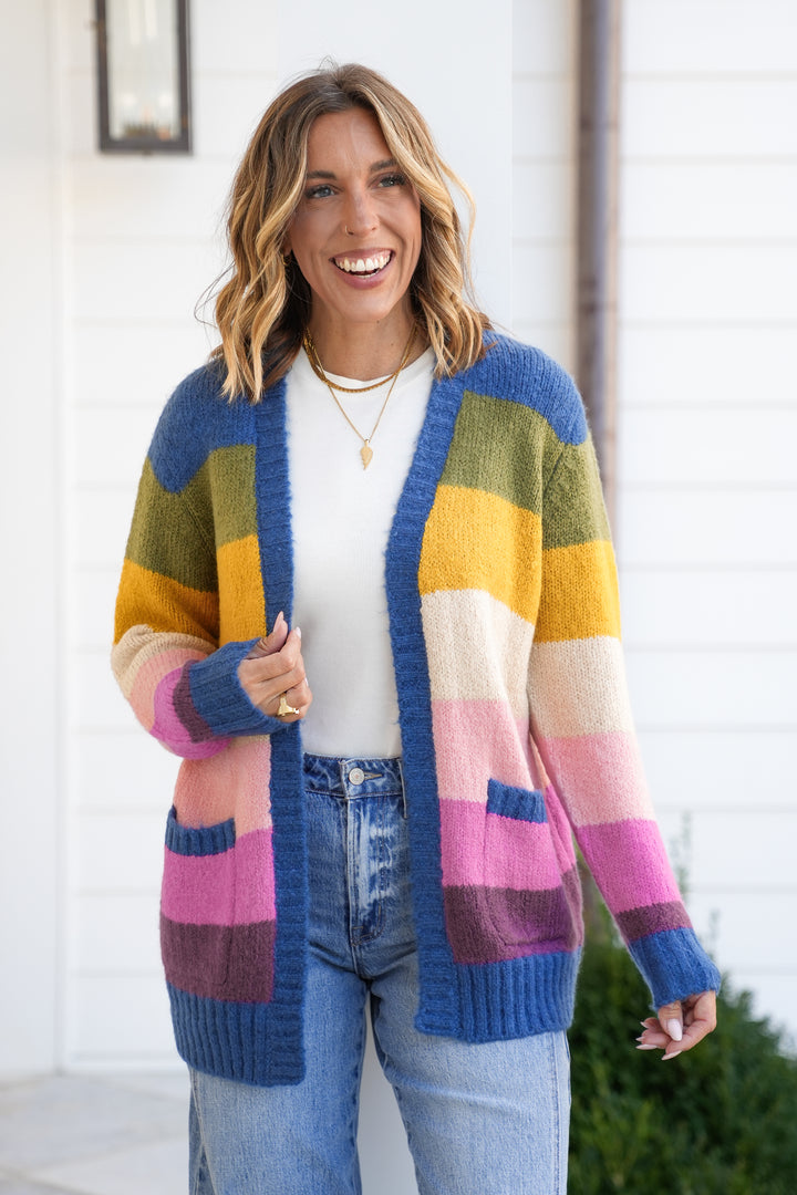 Color Block Long Sleeve Open Front Cardigan
