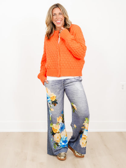 Plus/Reg Denim Look Elastic Leg Terry Pants with Bold Floral Print - Freckled Poppy