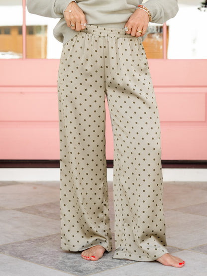 Polka Dot Satin Elastic Waist Wide Leg Pants - Freckled Poppy