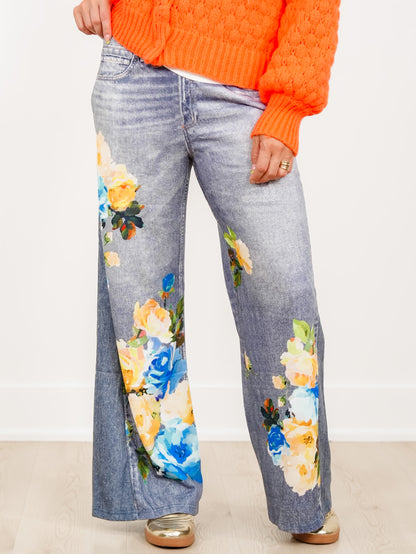 Plus/Reg Denim Look Elastic Leg Terry Pants with Bold Floral Print - Freckled Poppy