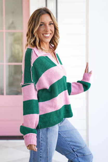 Knit Long Sleeve Stripe Pullover Sweater