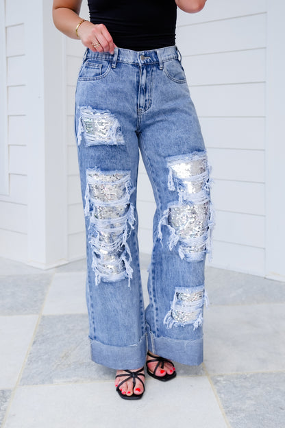 Distressed Mineral Wash Denim Jeans with Sequin Detail