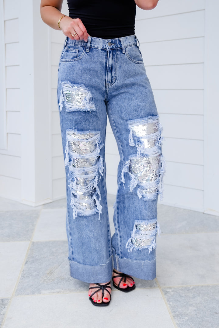Distressed Mineral Wash Denim Jeans with Sequin Detail
