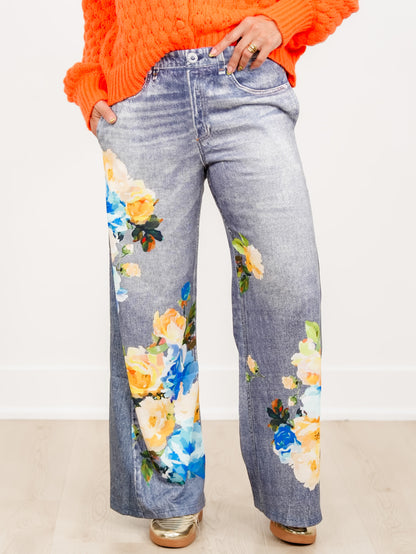 Plus/Reg Denim Look Elastic Leg Terry Pants with Bold Floral Print - Freckled Poppy