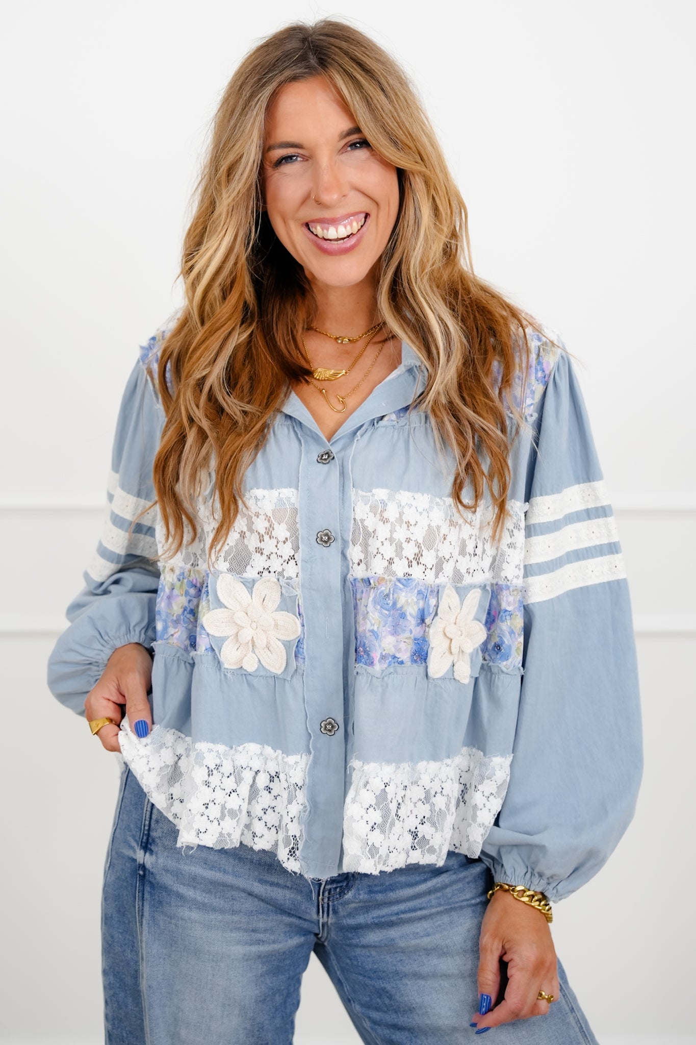 POL Floral Lace Long Sleeve Button Up Top