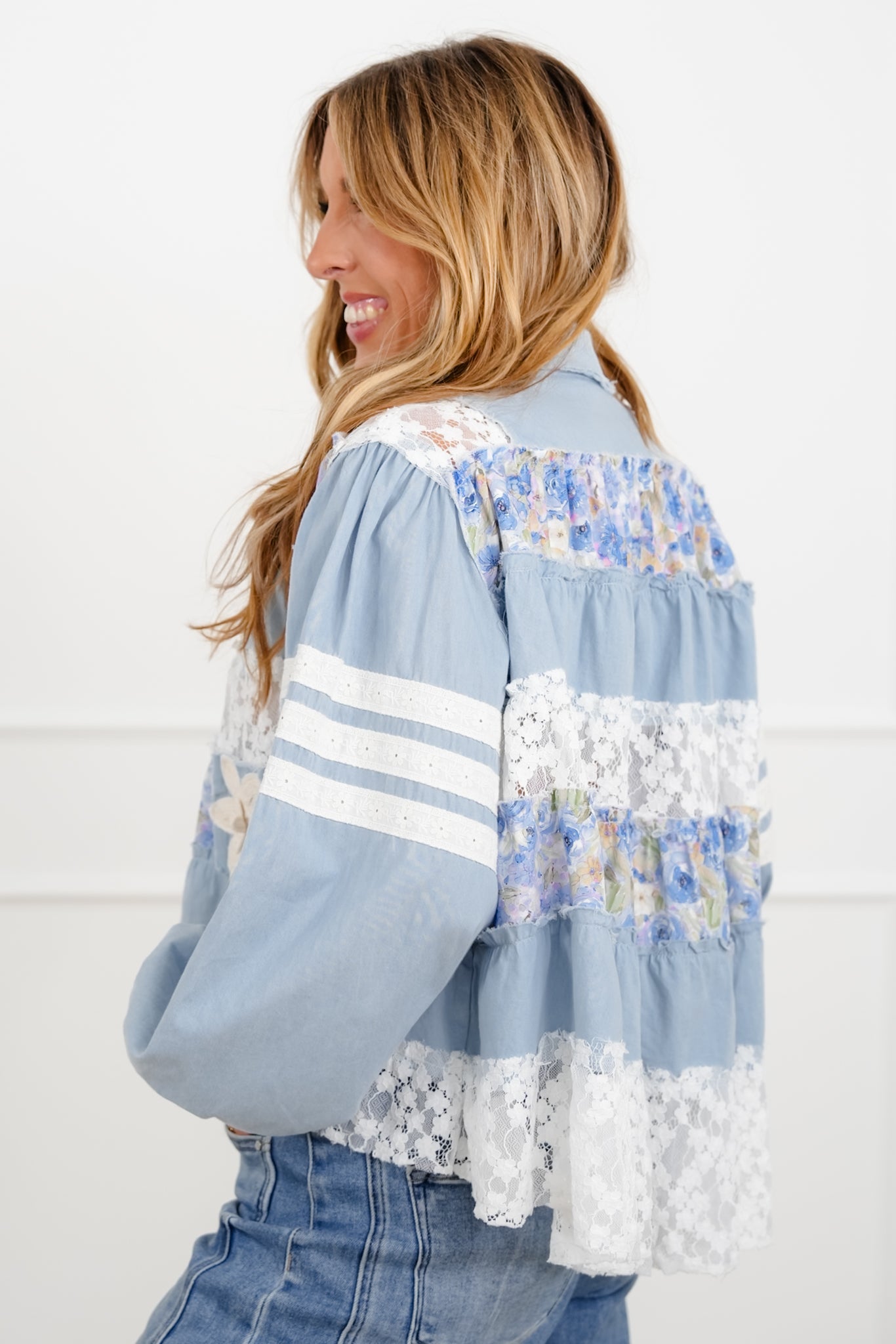 POL Floral Lace Long Sleeve Button Up Top