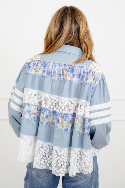 POL Floral Lace Long Sleeve Button Up Top