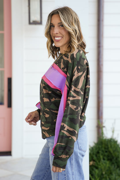 Camo Color Block Long Sleeve Pullover Top