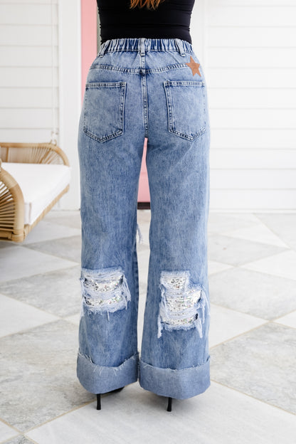 Distressed Mineral Wash Denim Jeans with Sequin Detail