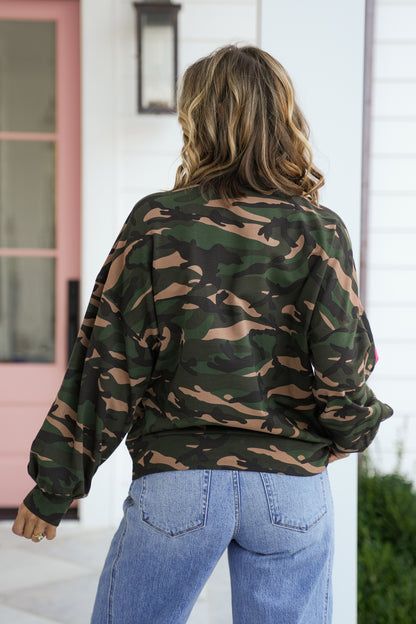 Camo Color Block Long Sleeve Pullover Top