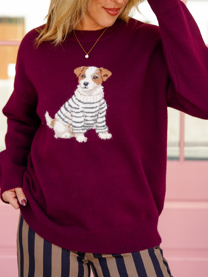 Burgundy Long Sleeve Jack Russell Pullover Sweater - Freckled Poppy