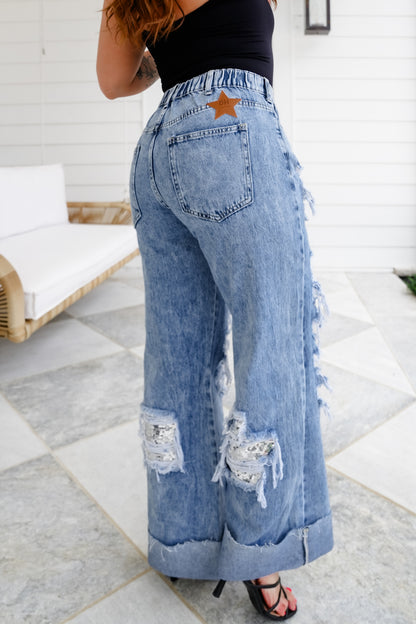 Distressed Mineral Wash Denim Jeans with Sequin Detail