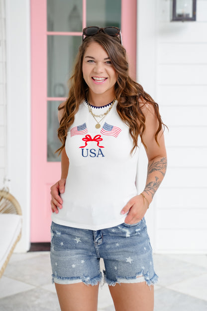 Embroidered American Flag Tank Top with Blanket Stitch Detail